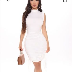 White Ruched Mini Midi Dress Mock Neck Sleevless
